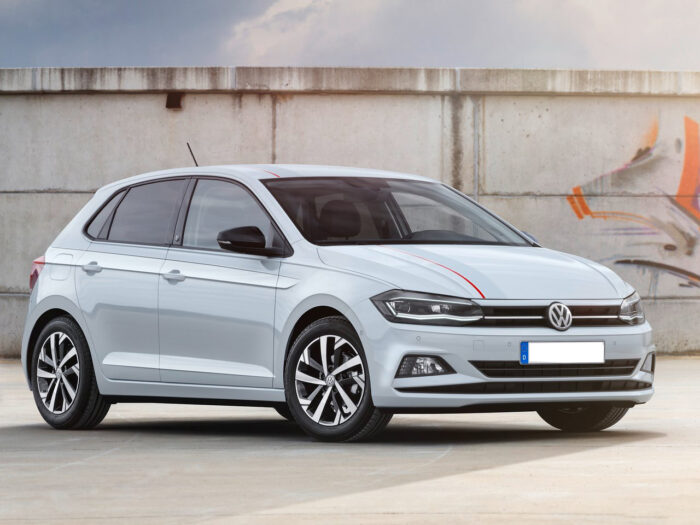 Front side angle of a Volkswagen Polo automatic petrol rental car in Saranda by EasyGo.