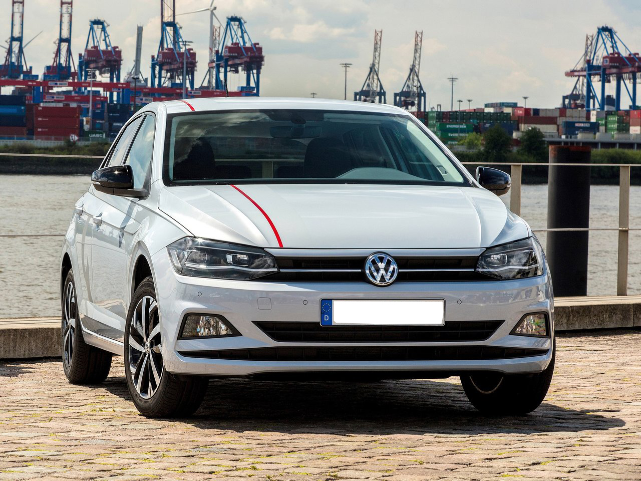 Front view of the Volkswagen Polo petrol automatic rental car available in Saranda, Albania.