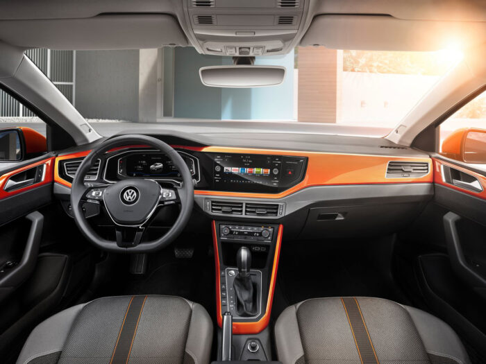 Interior view of a Volkswagen Polo petrol automatic rental car from EasyGo Car Rental Saranda.